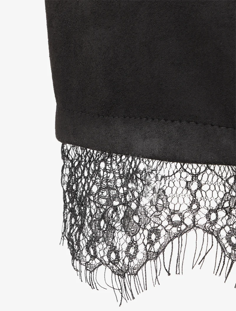 Gerades Strickkleid aus Wildleder mit Spitzenbesatz. - Schwarz