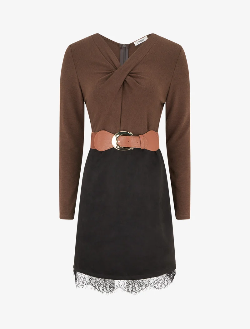 Gerades Strickkleid aus Wildleder mit Spitzenbesatz. - Braun/schwarz
