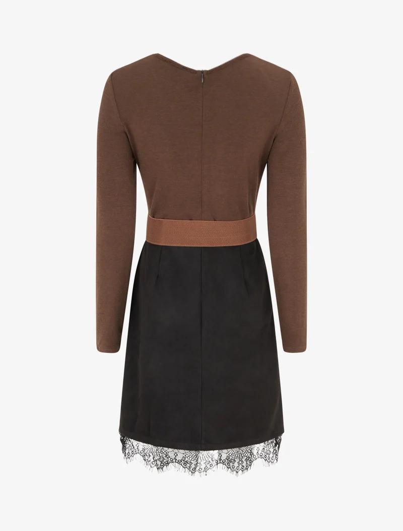 Gerades Strickkleid aus Wildleder mit Spitzenbesatz. - Braun/schwarz