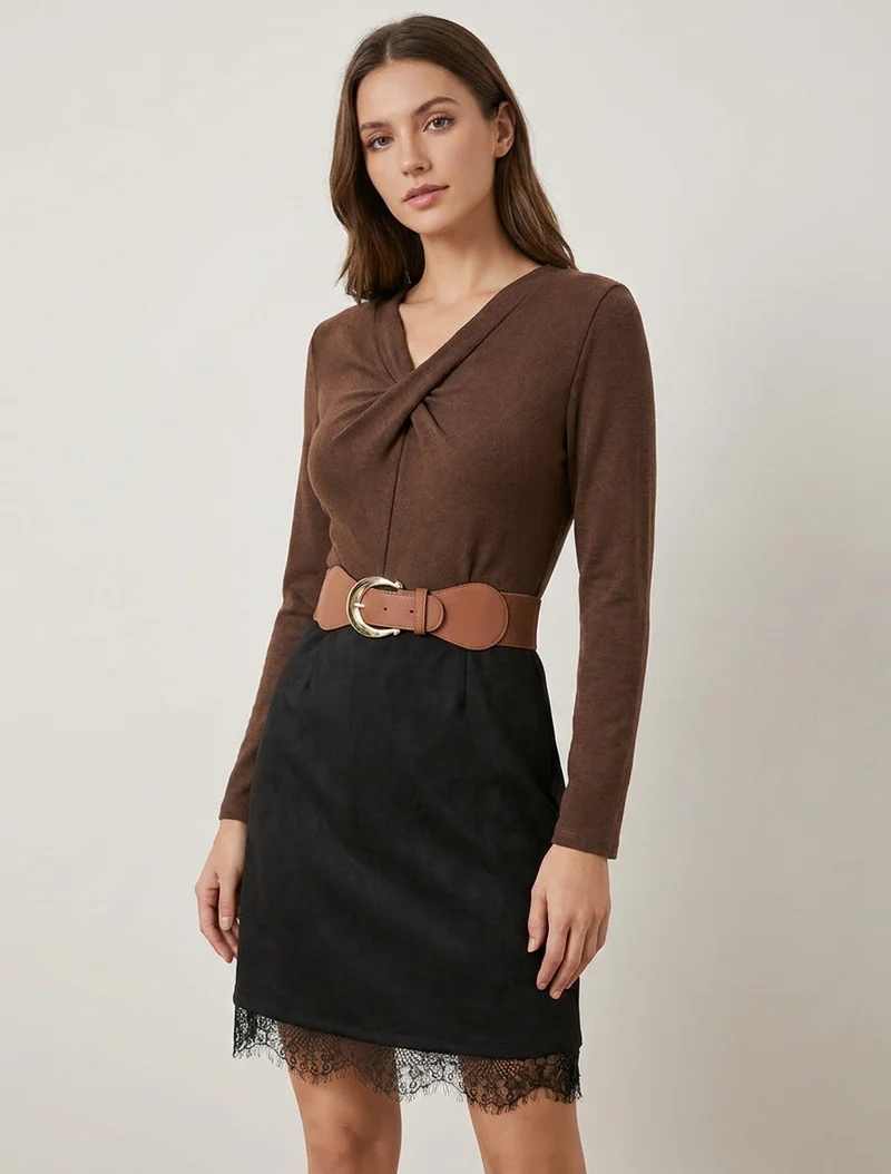 Gerades Strickkleid aus Wildleder mit Spitzenbesatz. - Braun/schwarz