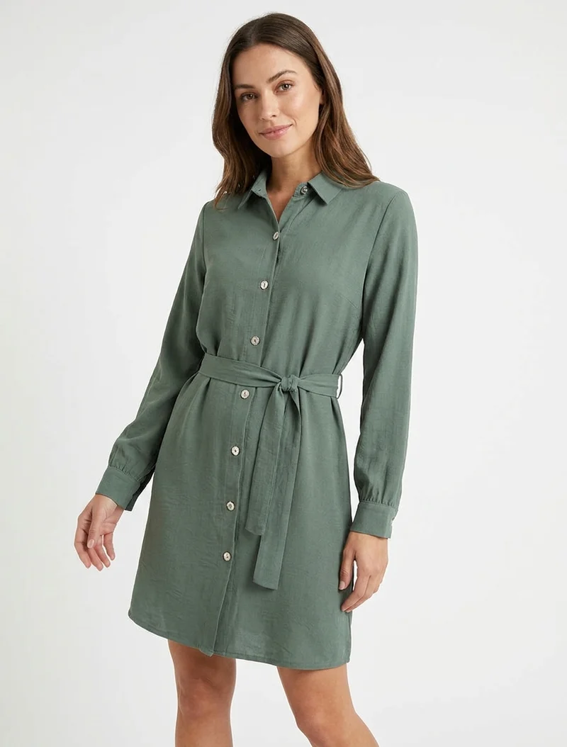 Gerade geschnittenes Hemdkleid mit langen Ärmeln - Kaki