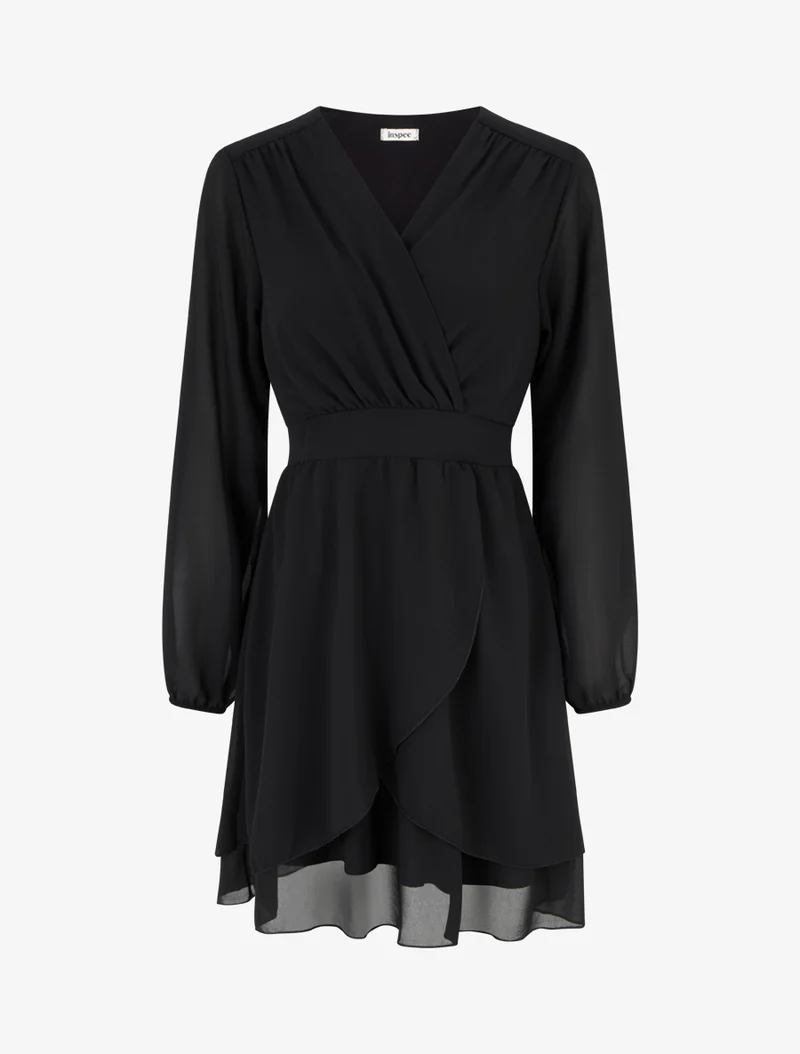 Unifarbenes Wickelkleid mit langen Ärmeln - Schwarz