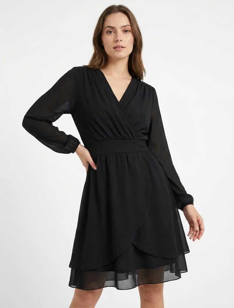 Unifarbenes Wickelkleid mit langen Ärmeln - Schwarz