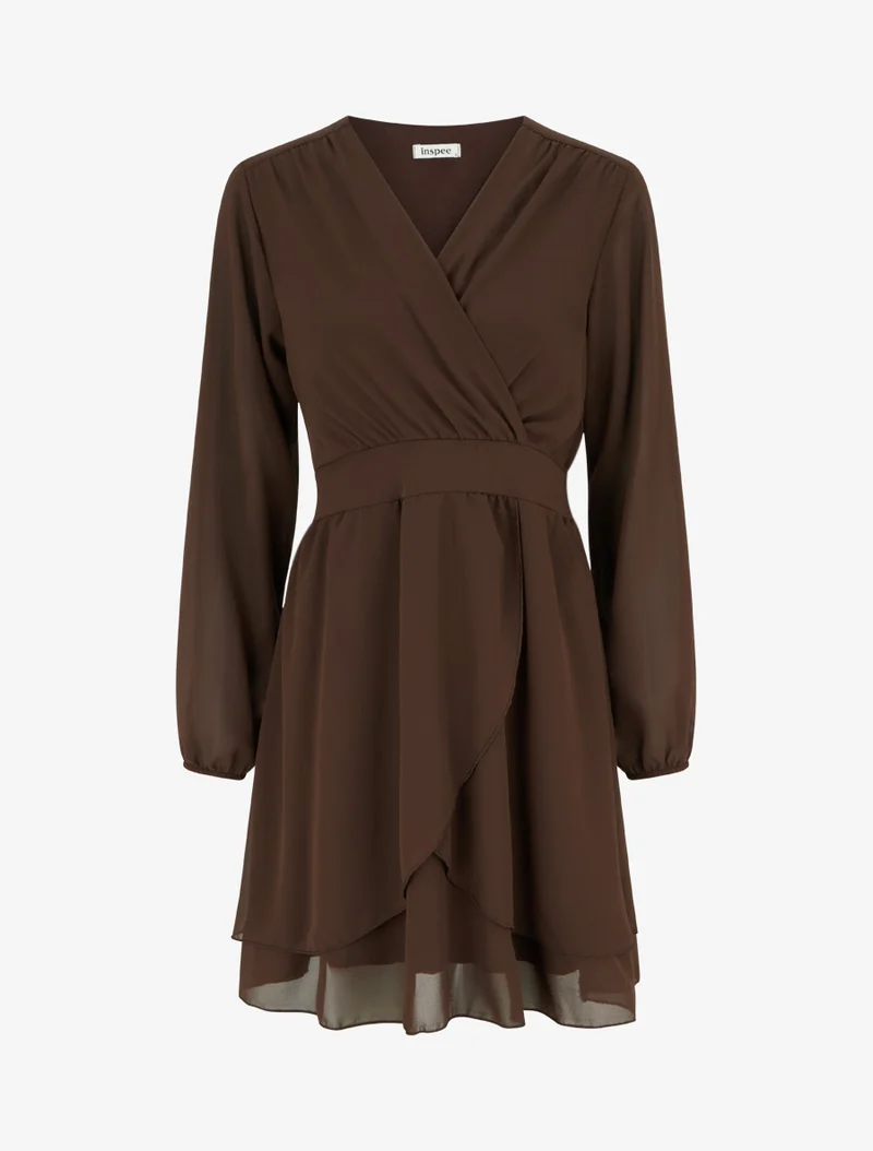 Unifarbenes Wickelkleid mit langen Ärmeln - Braun