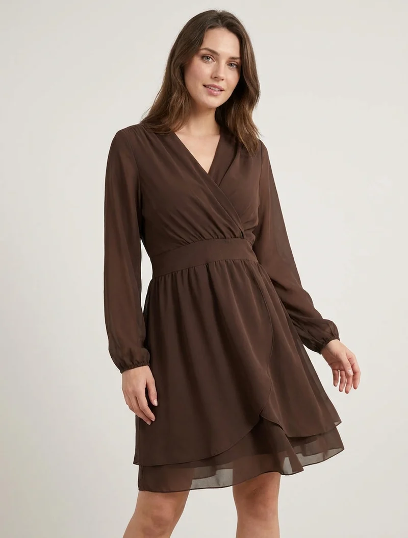 Unifarbenes Wickelkleid mit langen Ärmeln - Braun
