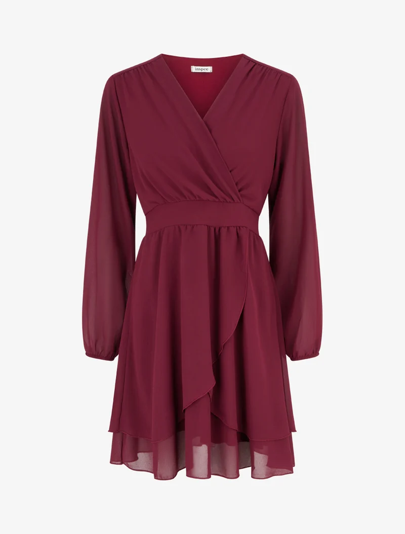 Unifarbenes Wickelkleid mit langen Ärmeln - Weinrot