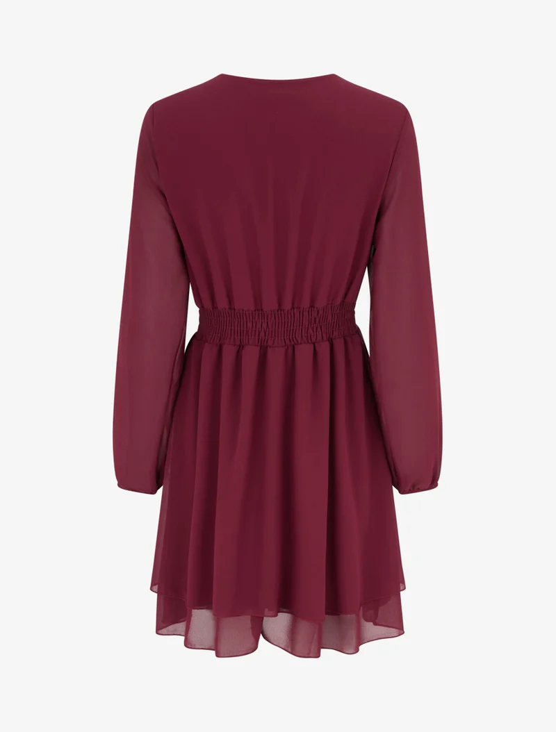 Unifarbenes Wickelkleid mit langen Ärmeln - Weinrot