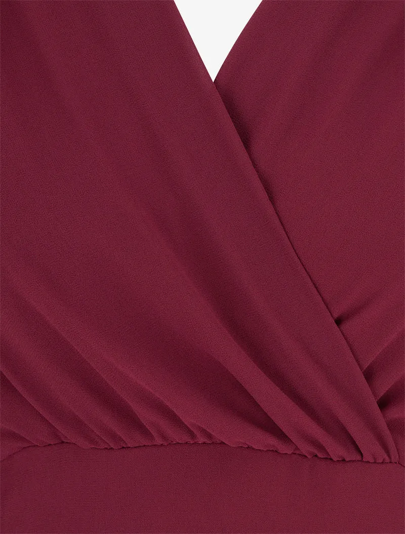 Unifarbenes Wickelkleid mit langen Ärmeln - Weinrot