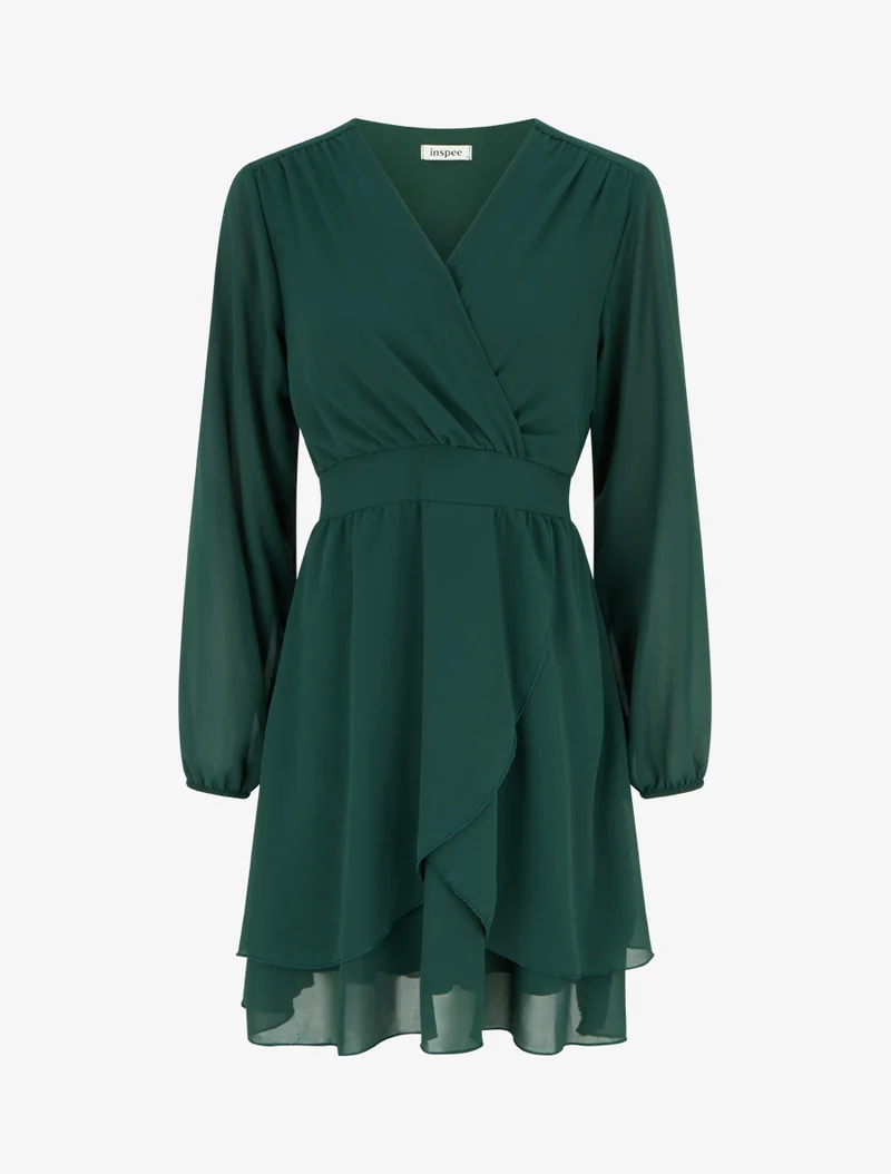 Unifarbenes Wickelkleid mit langen Ärmeln - Dunkelgrün