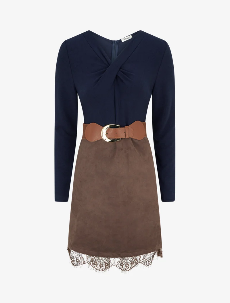 Gerades Strickkleid aus Wildleder mit Spitzenbesatz. - Braun/Marineblau