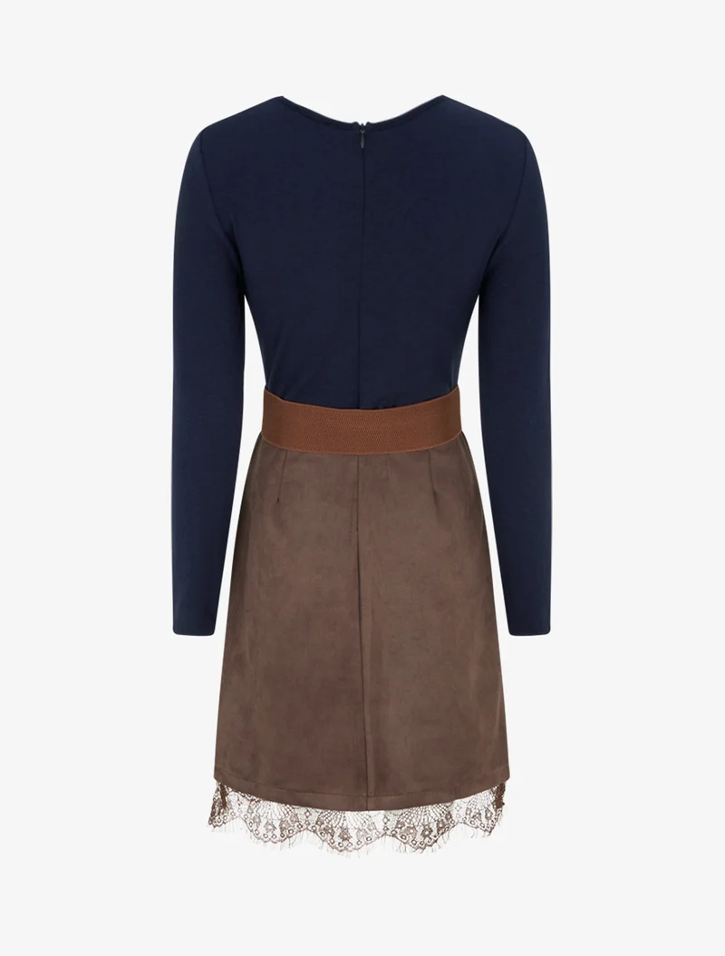 Gerades Strickkleid aus Wildleder mit Spitzenbesatz. - Braun/Marineblau