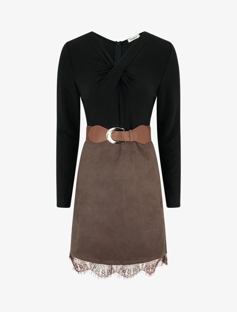 Gerades Strickkleid aus Wildleder mit Spitzenbesatz. - Schwarz/Braun