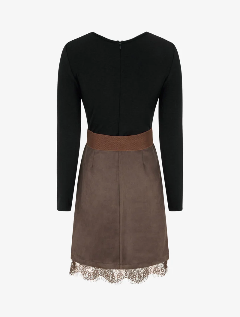 Gerades Strickkleid aus Wildleder mit Spitzenbesatz. - Schwarz/Braun