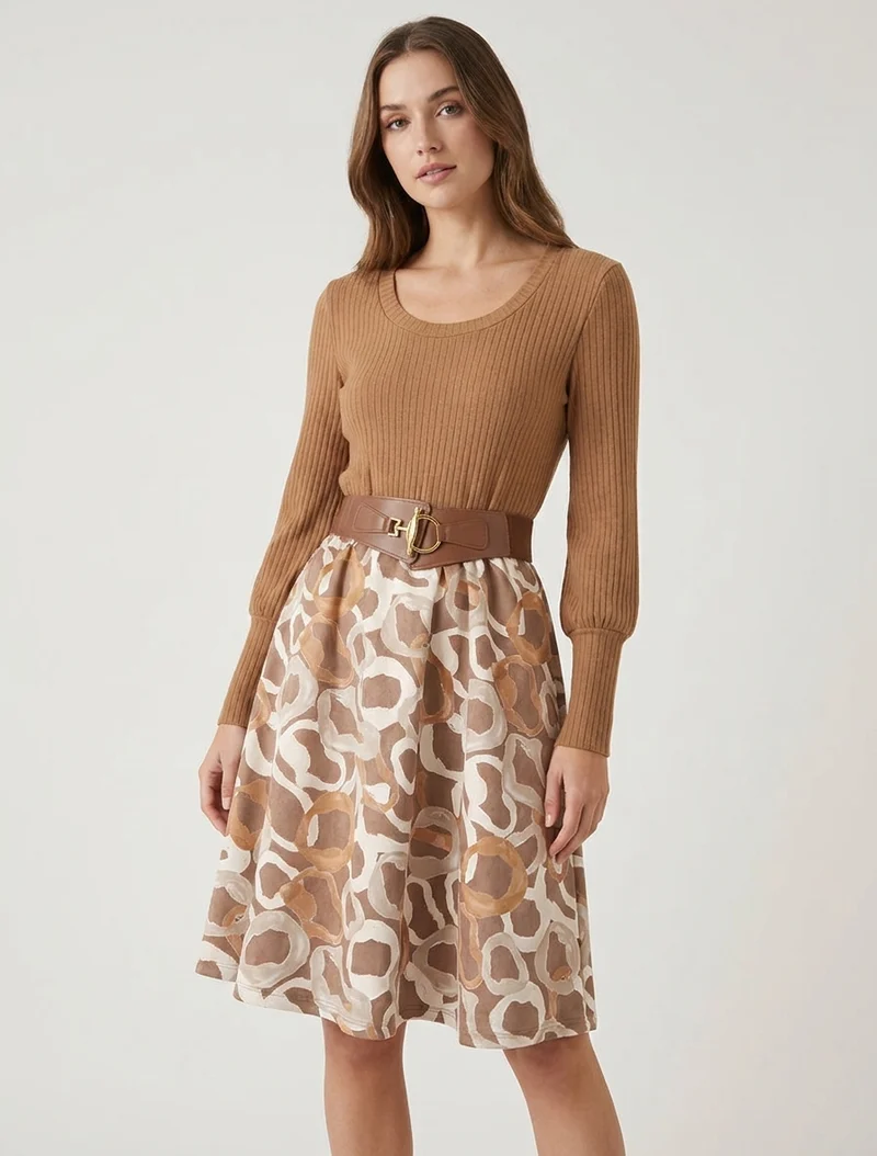Ausgestelltes Kleid aus Strick und Wildlederimitat mit stilisiertem Runddruck. - Kamel
