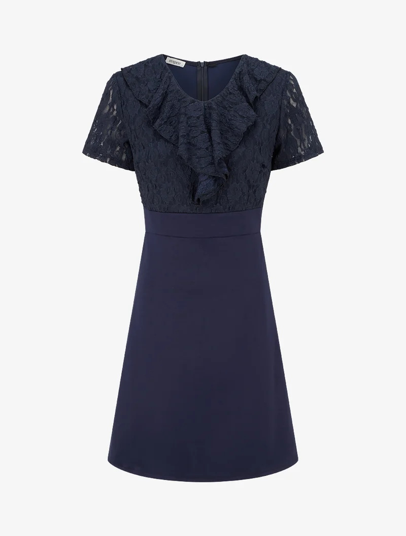 Gerades Kleid mit Spitzenvolant am Oberteil - Marine