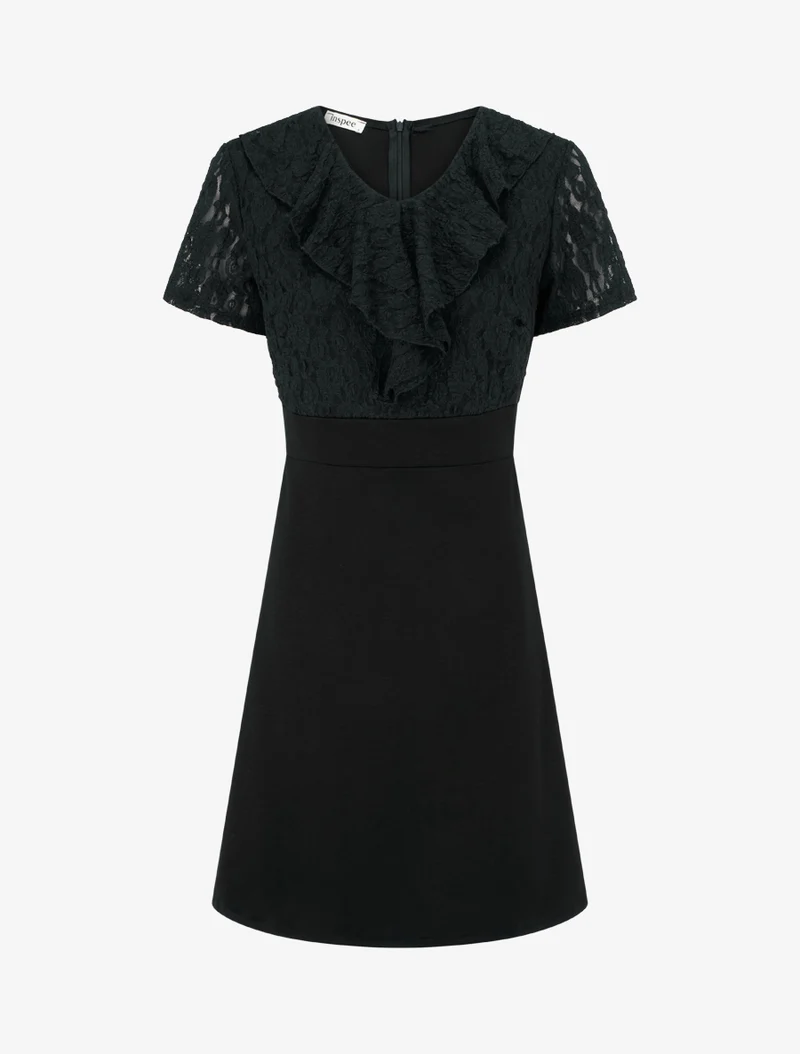 Gerades Kleid mit Spitzenvolant am Oberteil - Schwarz