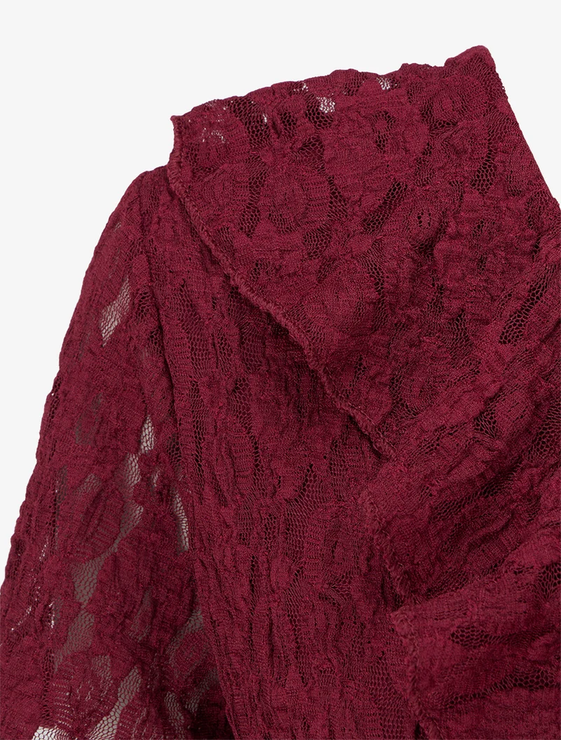 Gerades Kleid mit Spitzenvolant am Oberteil - Weinrot