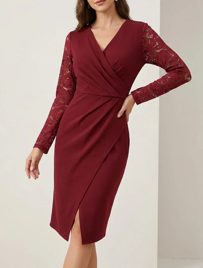 Wickelkleid mit Spitzenärmeln - Bordeaux