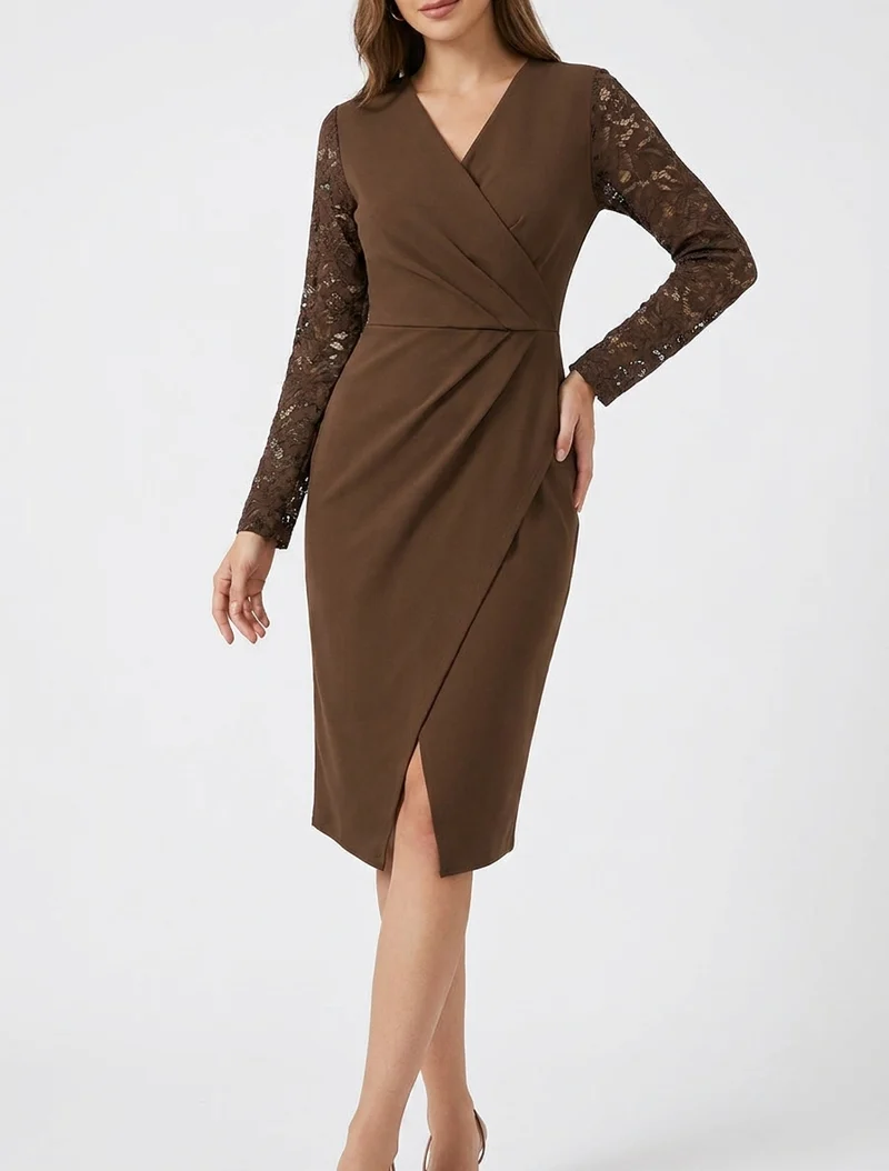 Wickelkleid mit Spitzenärmeln - Braun