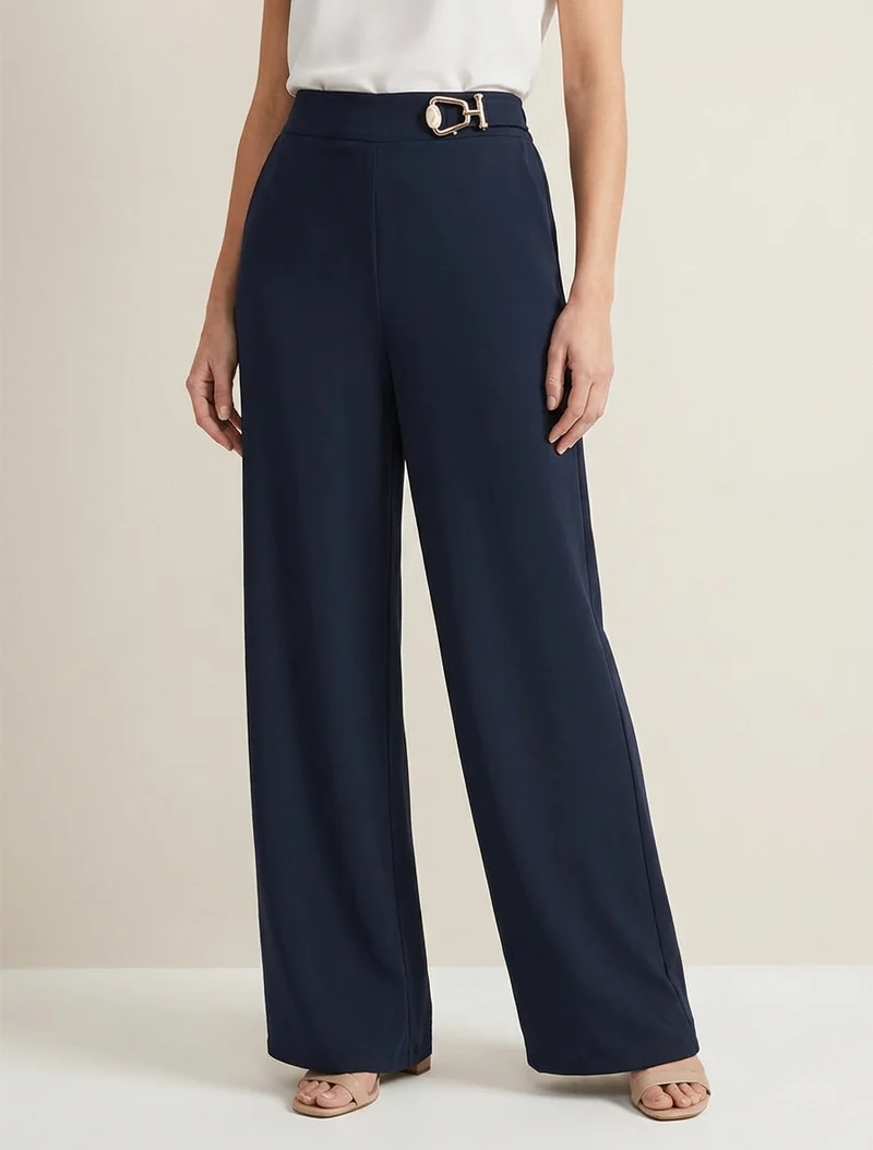 Weit geschnittene Hose mit hoher Taille und Schmuckverzierung. - Marine