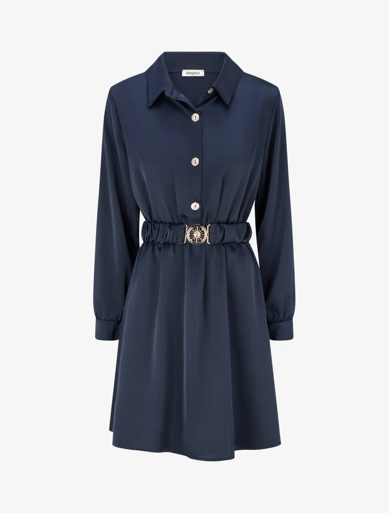 Satinhemdkleid mit langen Ärmeln - Marine