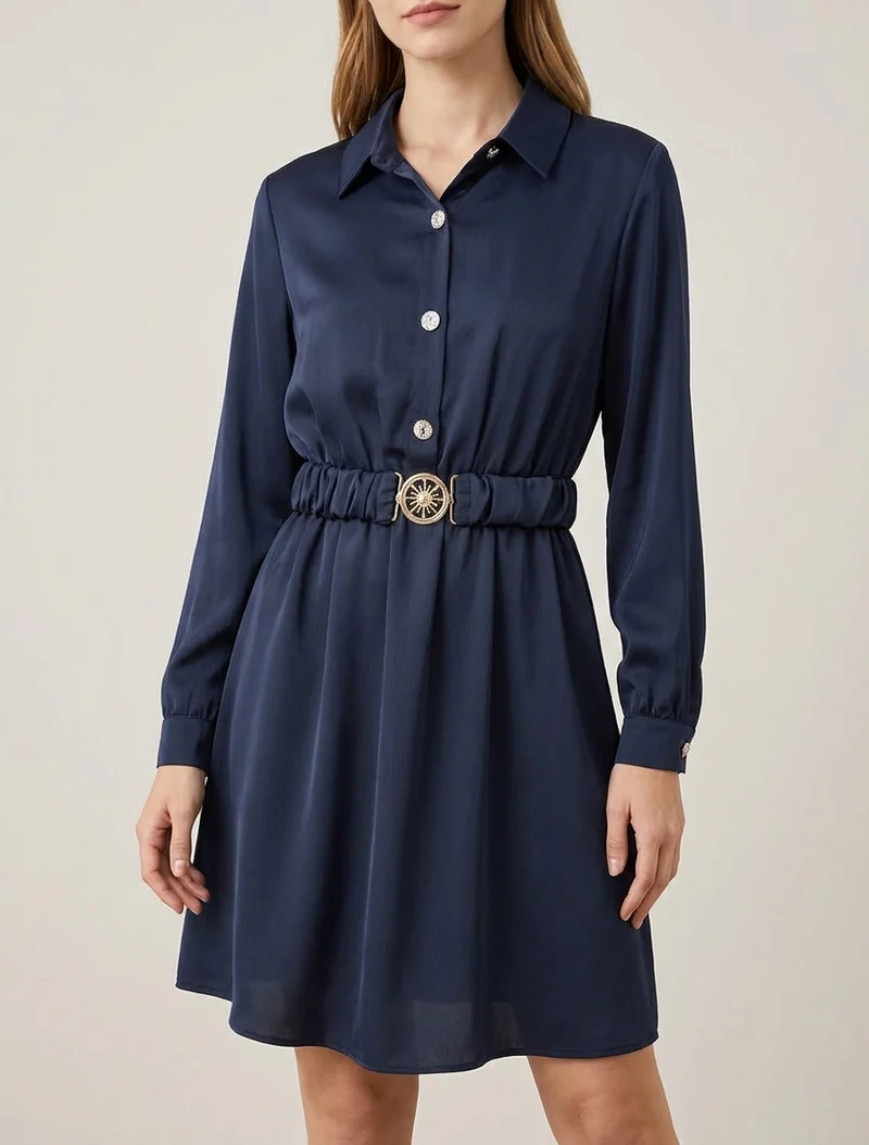 Satinhemdkleid mit langen Ärmeln - Marine