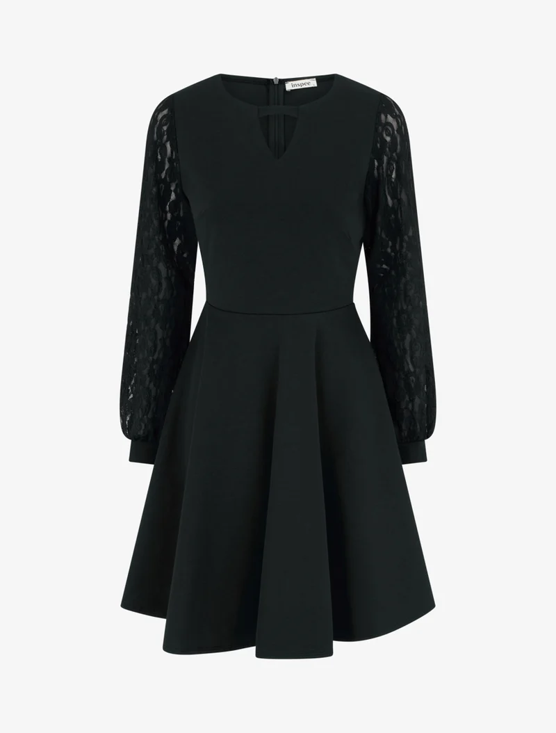 Skaterkleid mit langen Ärmeln aus Spitze - Schwarz