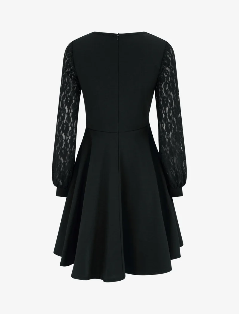 Skaterkleid mit langen Ärmeln aus Spitze - Schwarz