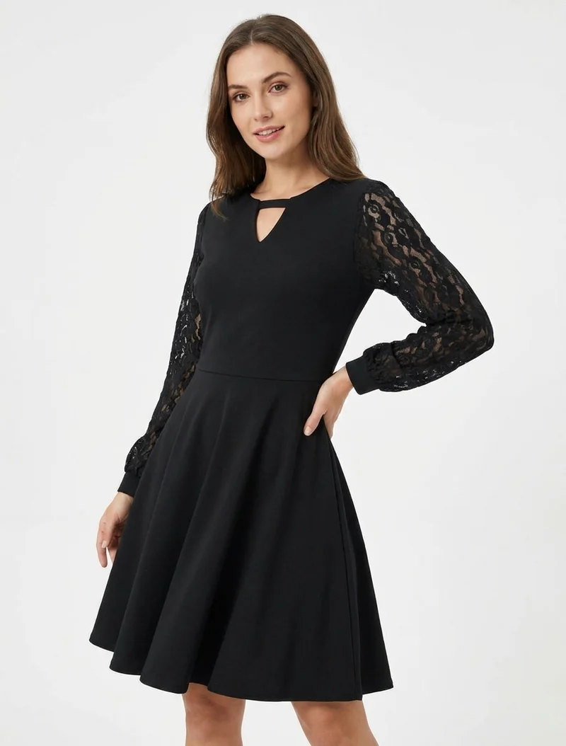 Skaterkleid mit langen Ärmeln aus Spitze - Schwarz