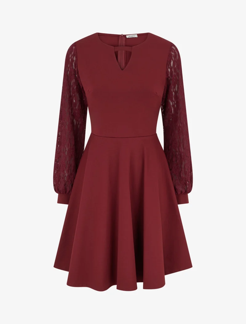 Skaterkleid mit langen Ärmeln aus Spitze - Bordeaux