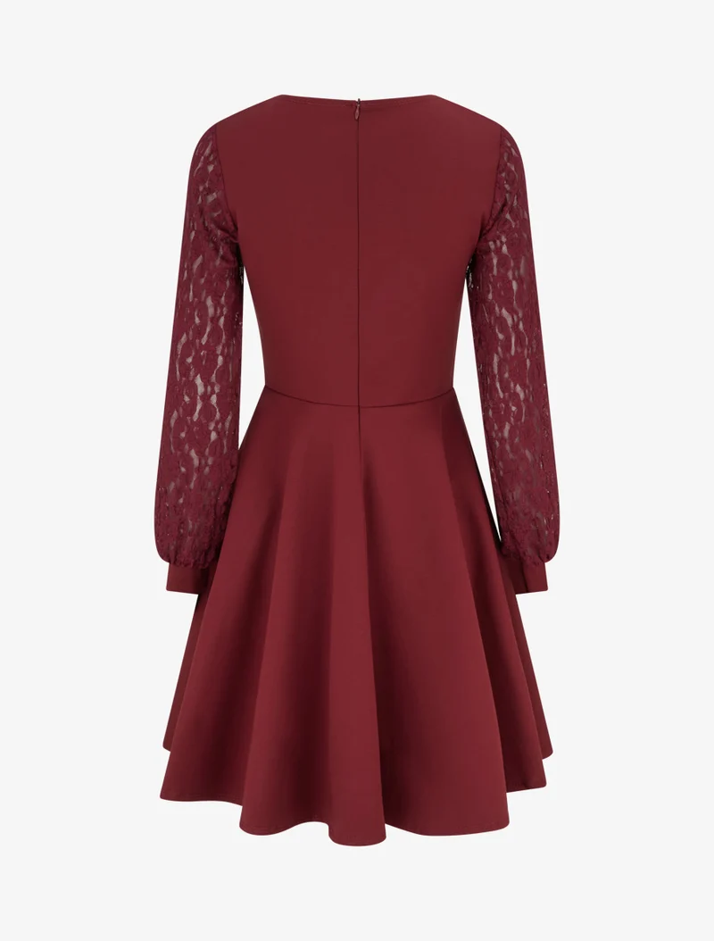 Skaterkleid mit langen Ärmeln aus Spitze - Bordeaux