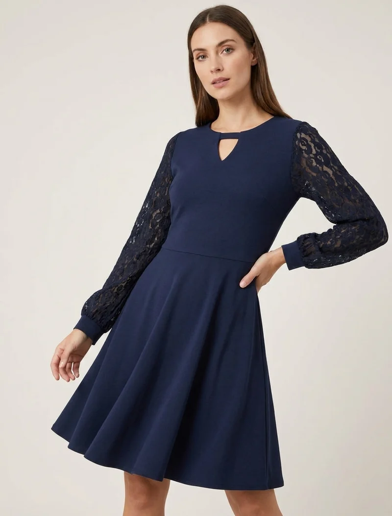 Skaterkleid mit langen Ärmeln aus Spitze - Marine