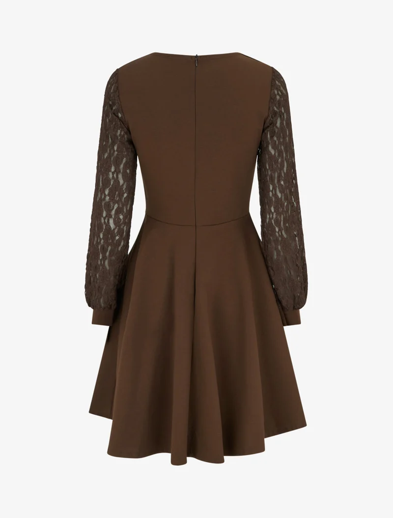 Skaterkleid mit langen Ärmeln aus Spitze - Braun