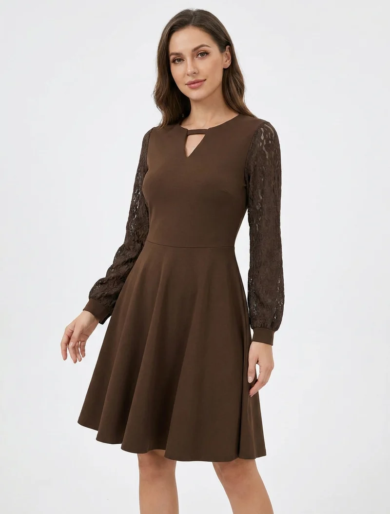 Skaterkleid mit langen Ärmeln aus Spitze - Braun