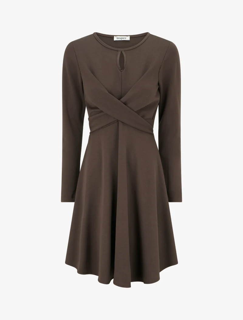 Skaterkleid mit Wickeleffekt in der Taille - Braun