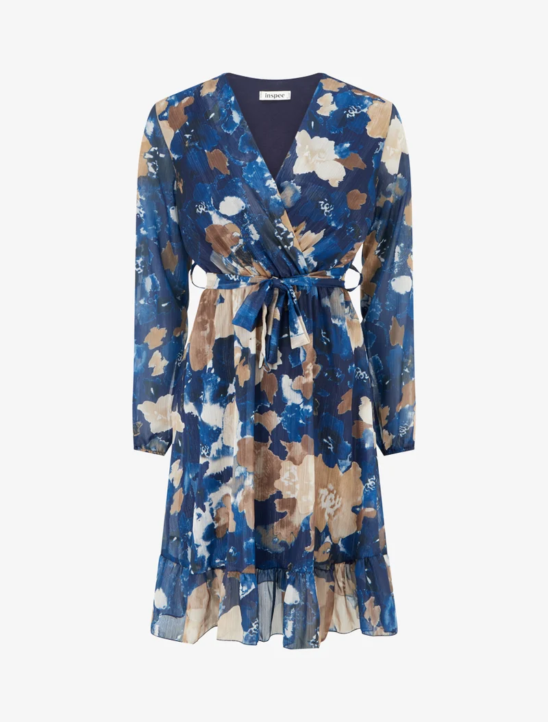 Irisierendes Kleid mit abstraktem Blumenmuster und Rüschenkanten - Marine