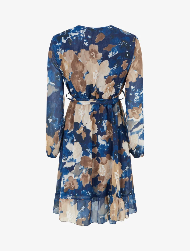 Irisierendes Kleid mit abstraktem Blumenmuster und Rüschenkanten - Marine