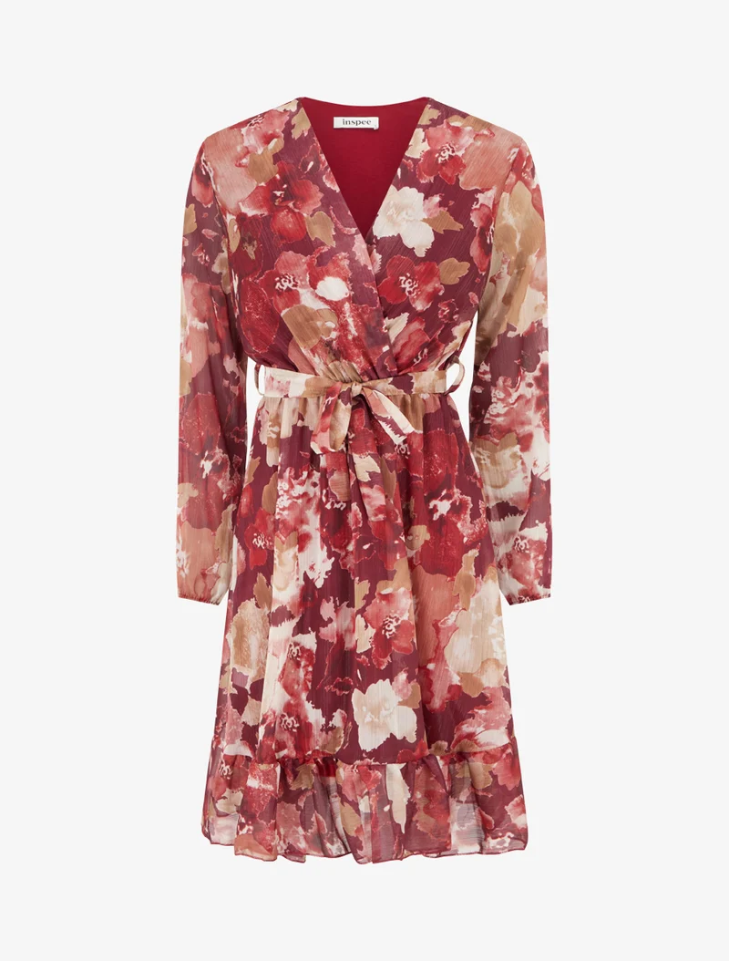 Irisierendes Kleid mit abstraktem Blumenmuster und Rüschenkanten - Weinrot