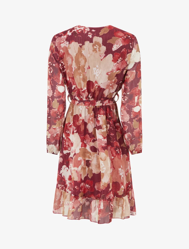 Irisierendes Kleid mit abstraktem Blumenmuster und Rüschenkanten - Weinrot