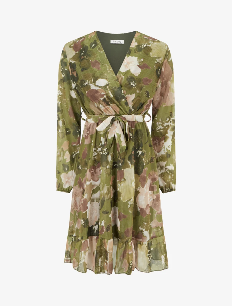 Irisierendes Kleid mit abstraktem Blumenmuster und Rüschenkanten - Kaki