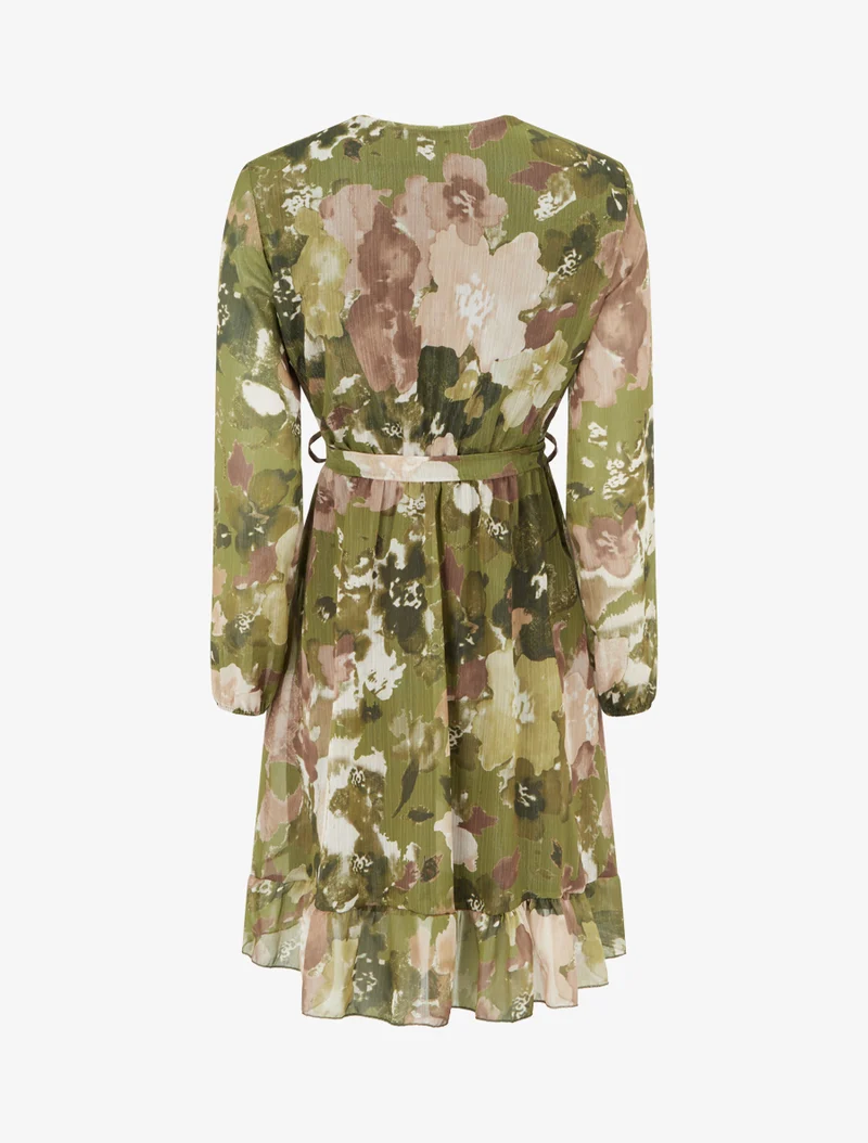 Irisierendes Kleid mit abstraktem Blumenmuster und Rüschenkanten - Kaki