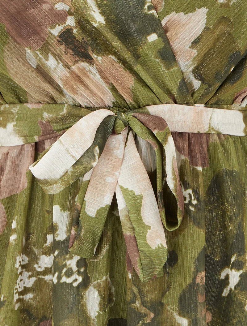 Irisierendes Kleid mit abstraktem Blumenmuster und Rüschenkanten - Kaki