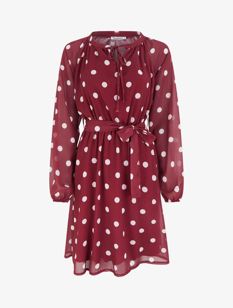 Ausgestelltes gepunktetes Kleid mit langen Ärmeln - Bordeaux