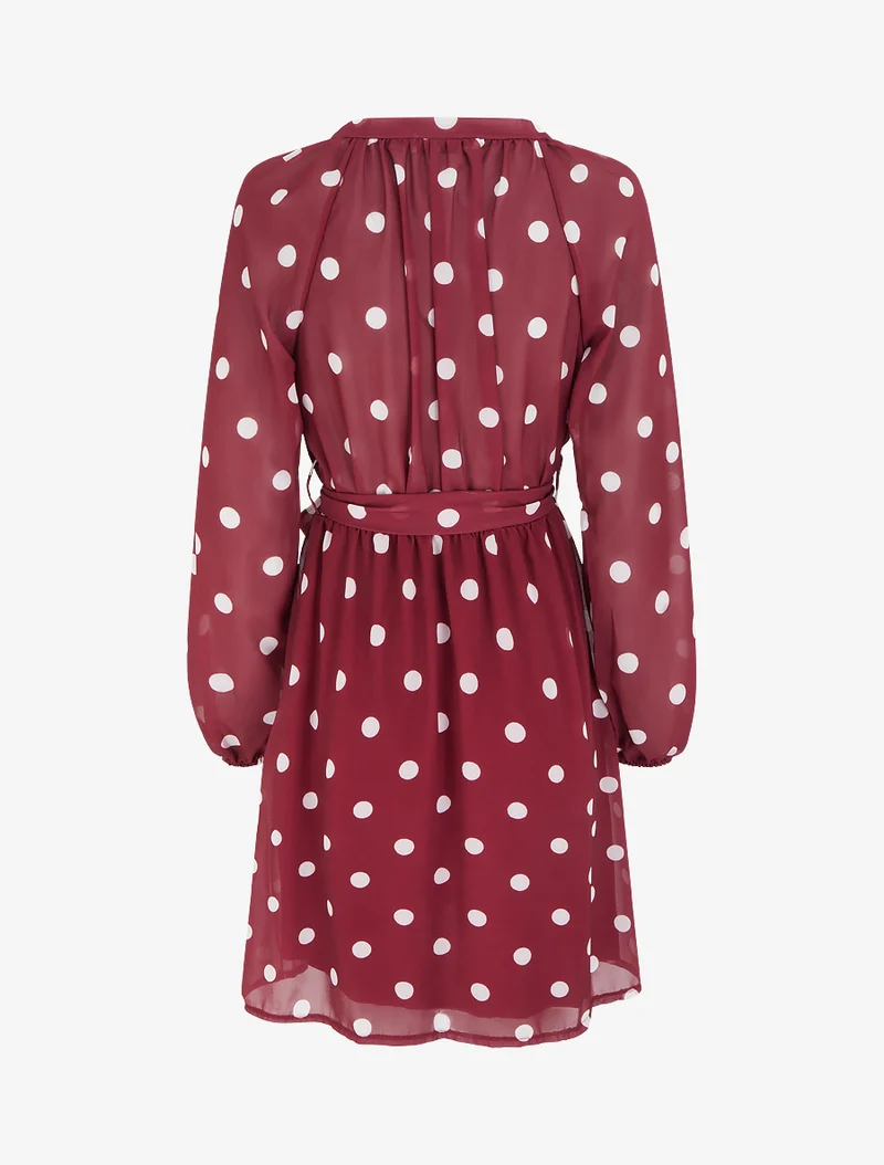 Ausgestelltes gepunktetes Kleid mit langen Ärmeln - Bordeaux