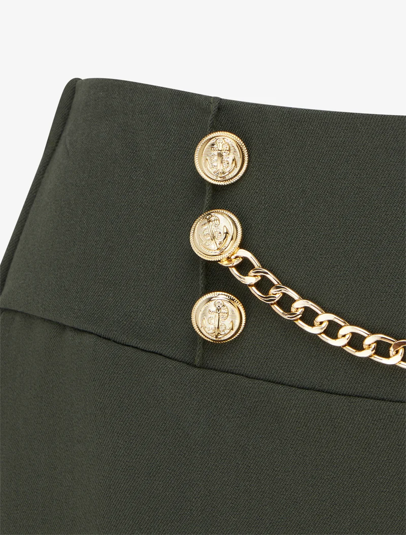 Hoch taillierte Hose mit Knöpfen und Kette - Kaki
