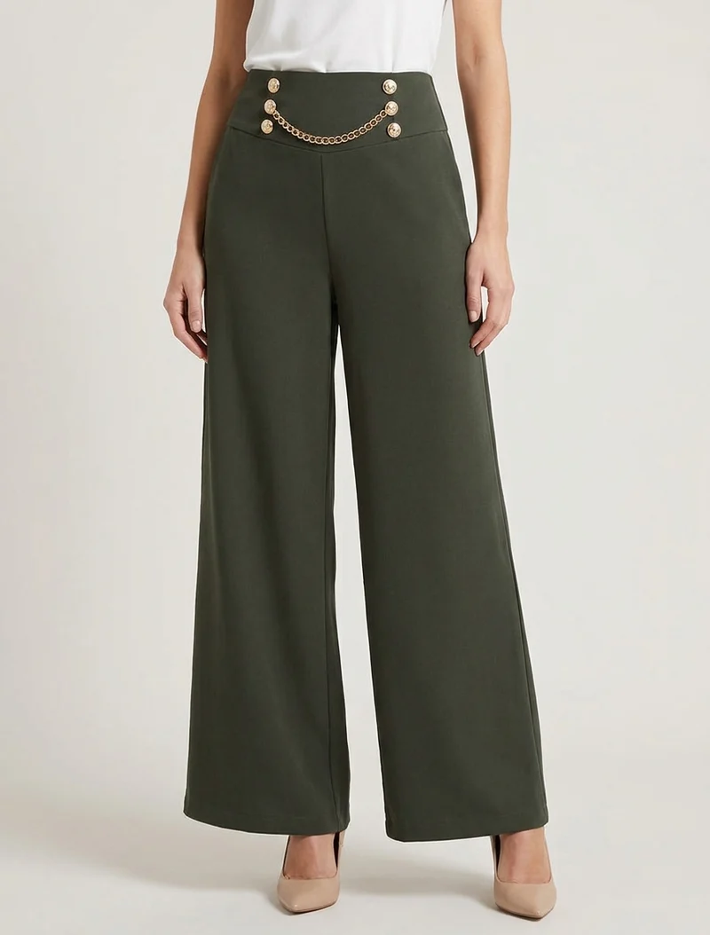 Hoch taillierte Hose mit Knöpfen und Kette - Kaki