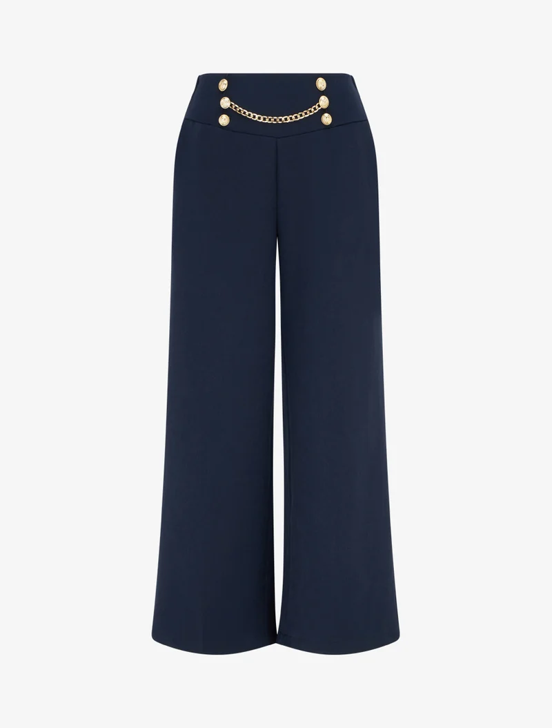 Hoch taillierte Hose mit Knöpfen und Kette - Marine
