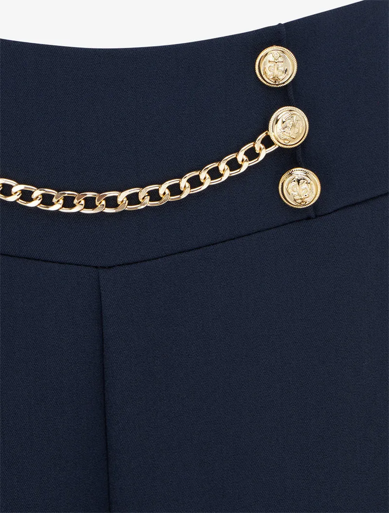 Hoch taillierte Hose mit Knöpfen und Kette - Marine