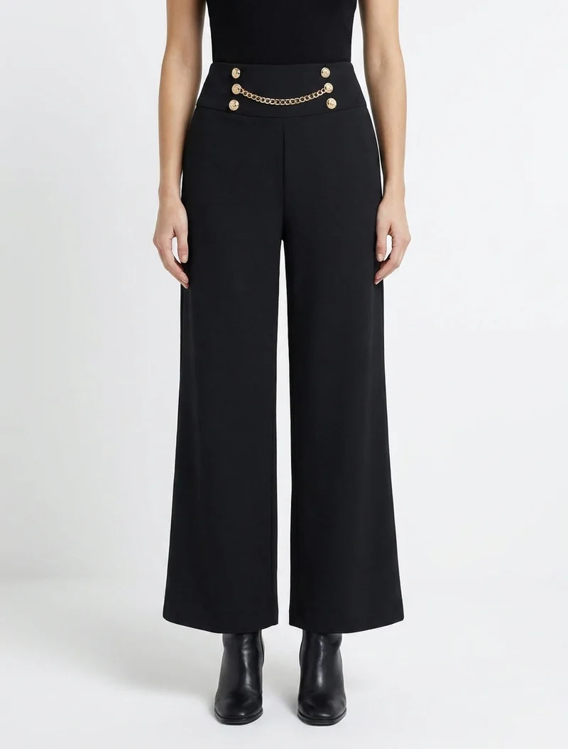 Hoch taillierte Hose mit Knöpfen und Kette - Schwarz