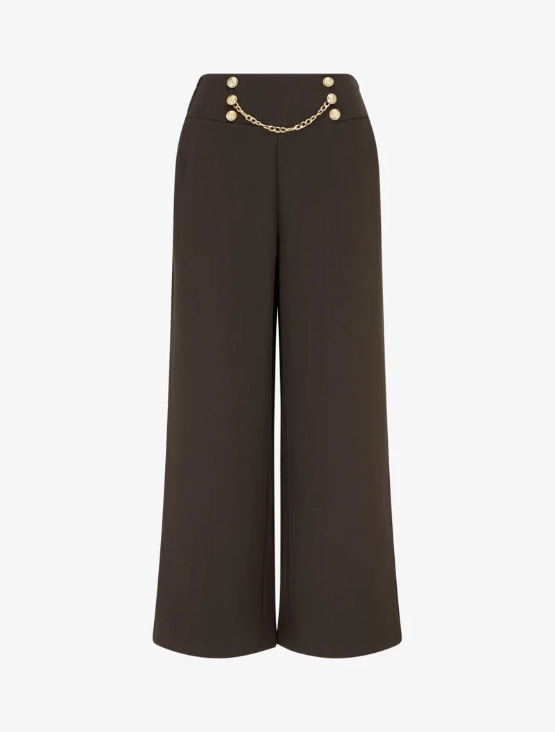 Hoch taillierte Hose mit Knöpfen und Kette - Braun